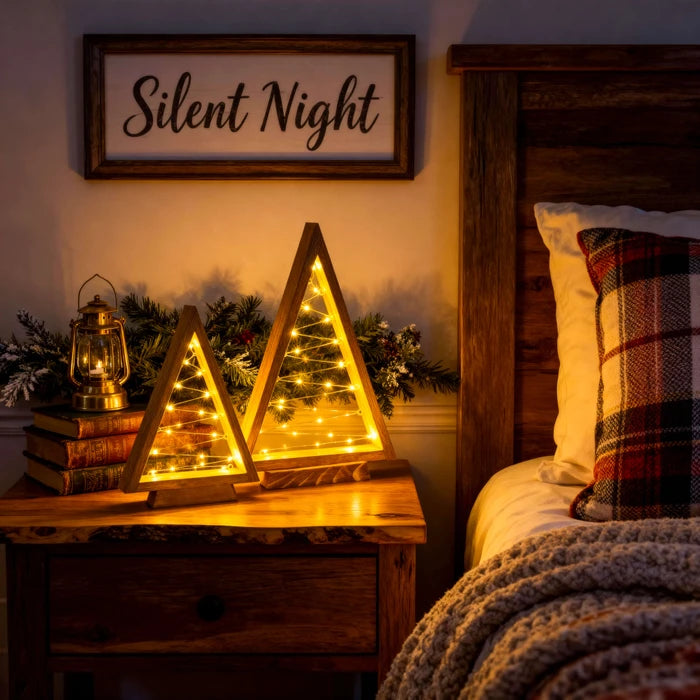 Wooden Triangle Christmas Trees – Lighted Tabletop Set With Star Fairy Lights