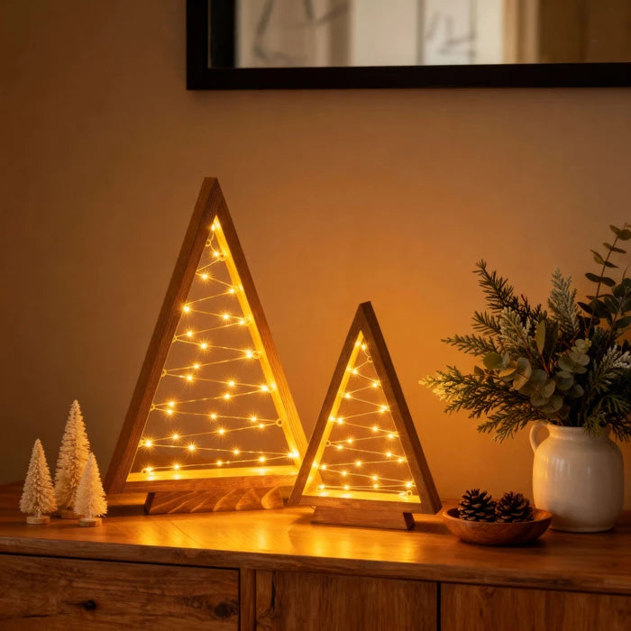 Wooden Triangle Christmas Trees – Lighted Tabletop Set With Star Fairy Lights