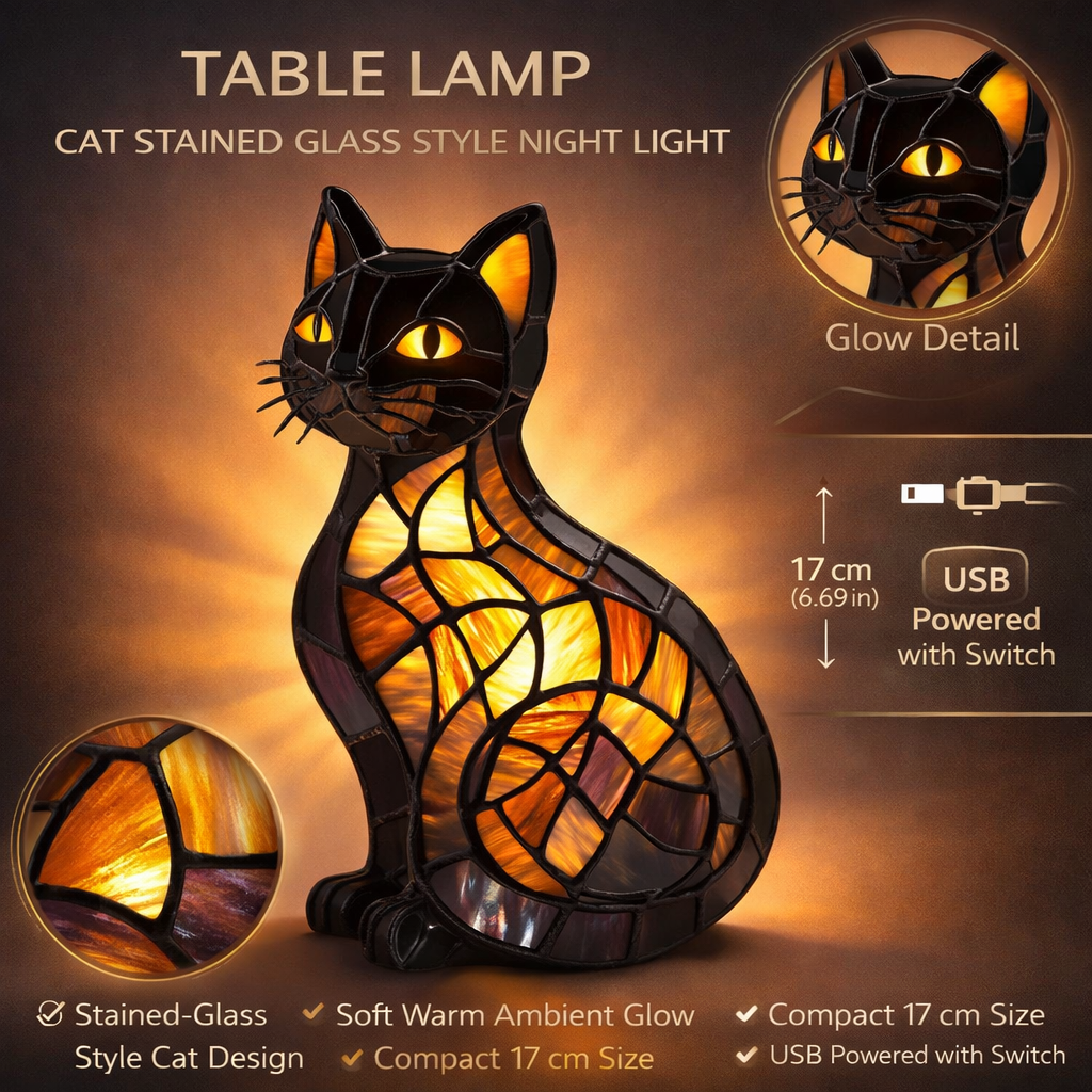 Table Lamp Cat Stained Glass Style Night Light 3