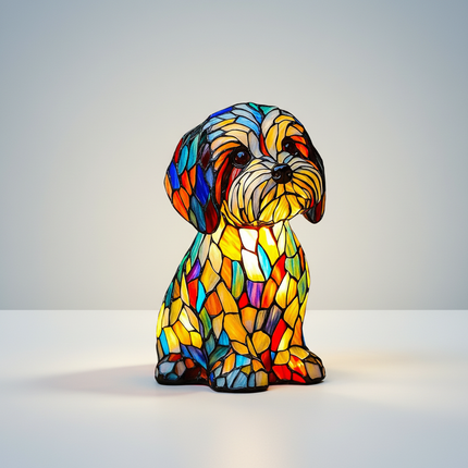 Table Lamp Stained Glass Dog LED Night Light Resin Decor 0