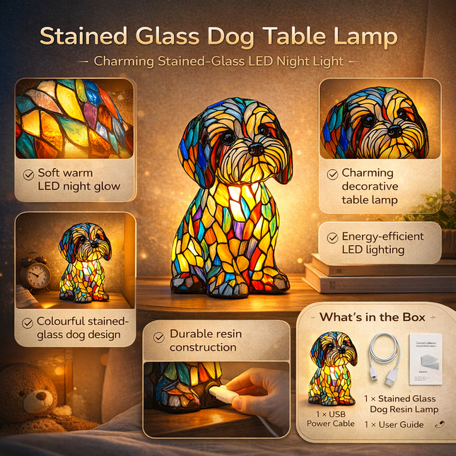 Table Lamp Stained Glass Dog LED Night Light Resin Decor 1