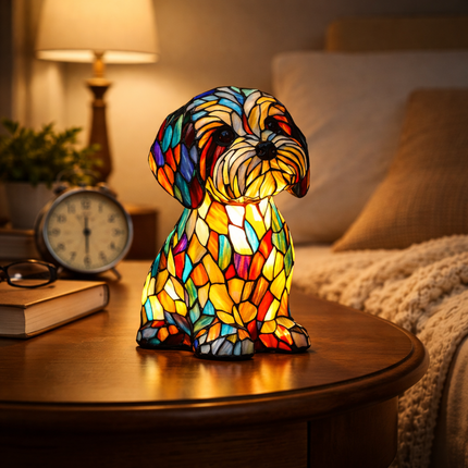 Table Lamp Stained Glass Dog LED Night Light Resin Decor 2