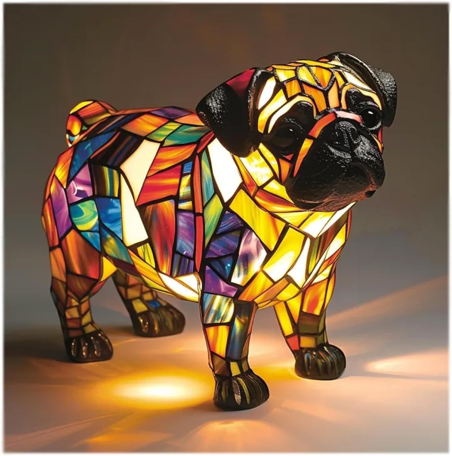 Table Lamp Stained Glass Dog LED Night Light Resin Decor 8