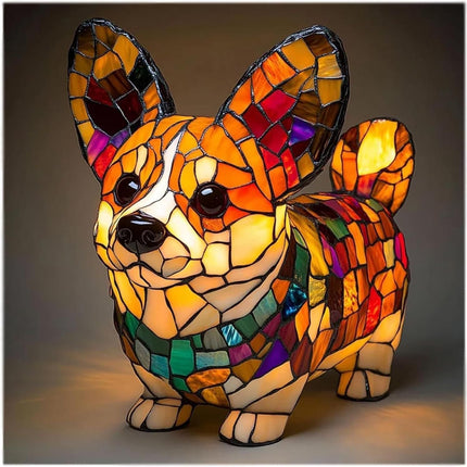 Table Lamp Stained Glass Dog LED Night Light Resin Decor 9