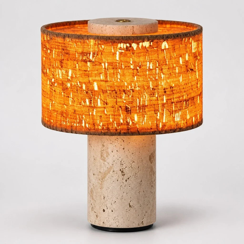 Teleri Wabi-Sabi Cylinder Travertine Fabric Table Light 0