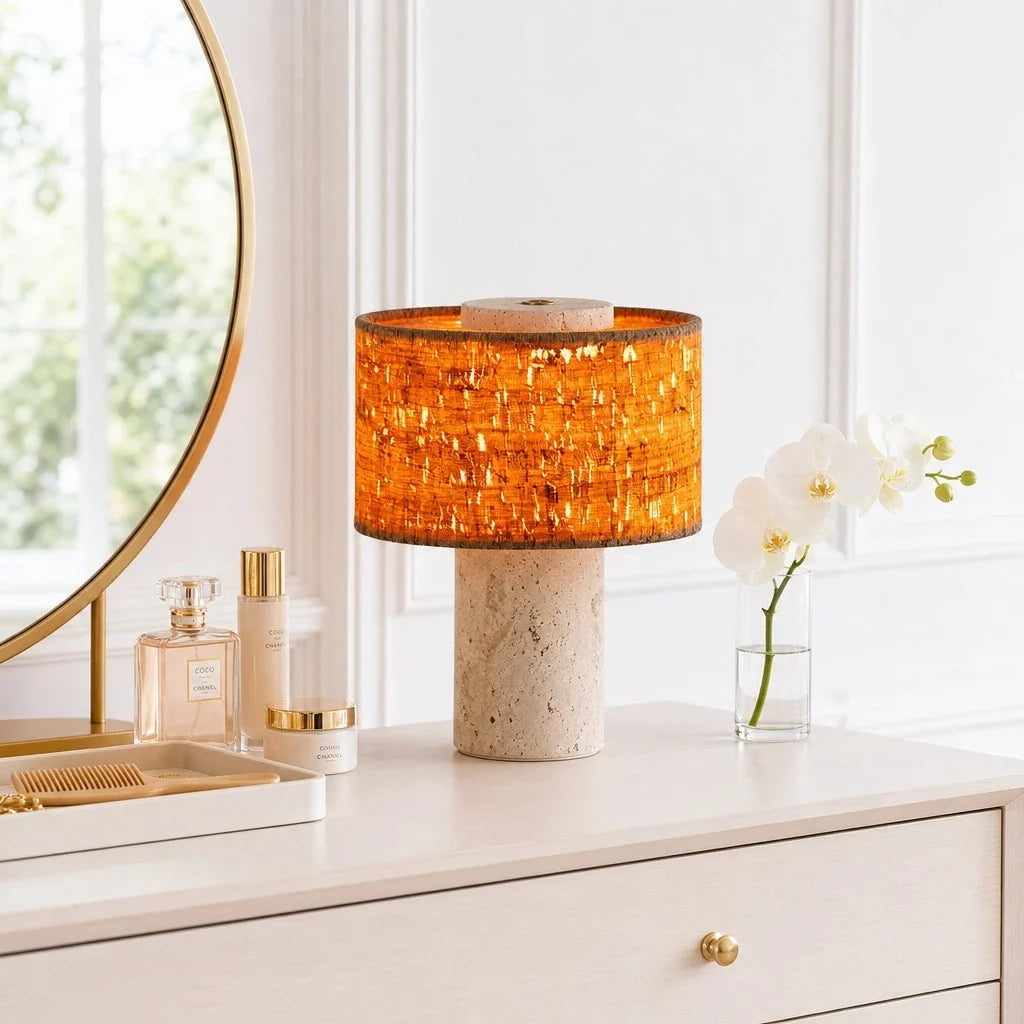 Teleri Wabi-Sabi Cylinder Travertine Fabric Table Light 4