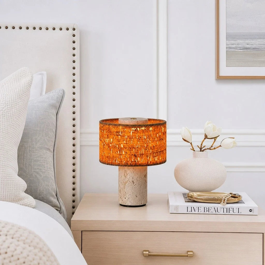 Teleri Wabi-Sabi Cylinder Travertine Fabric Table Light 7