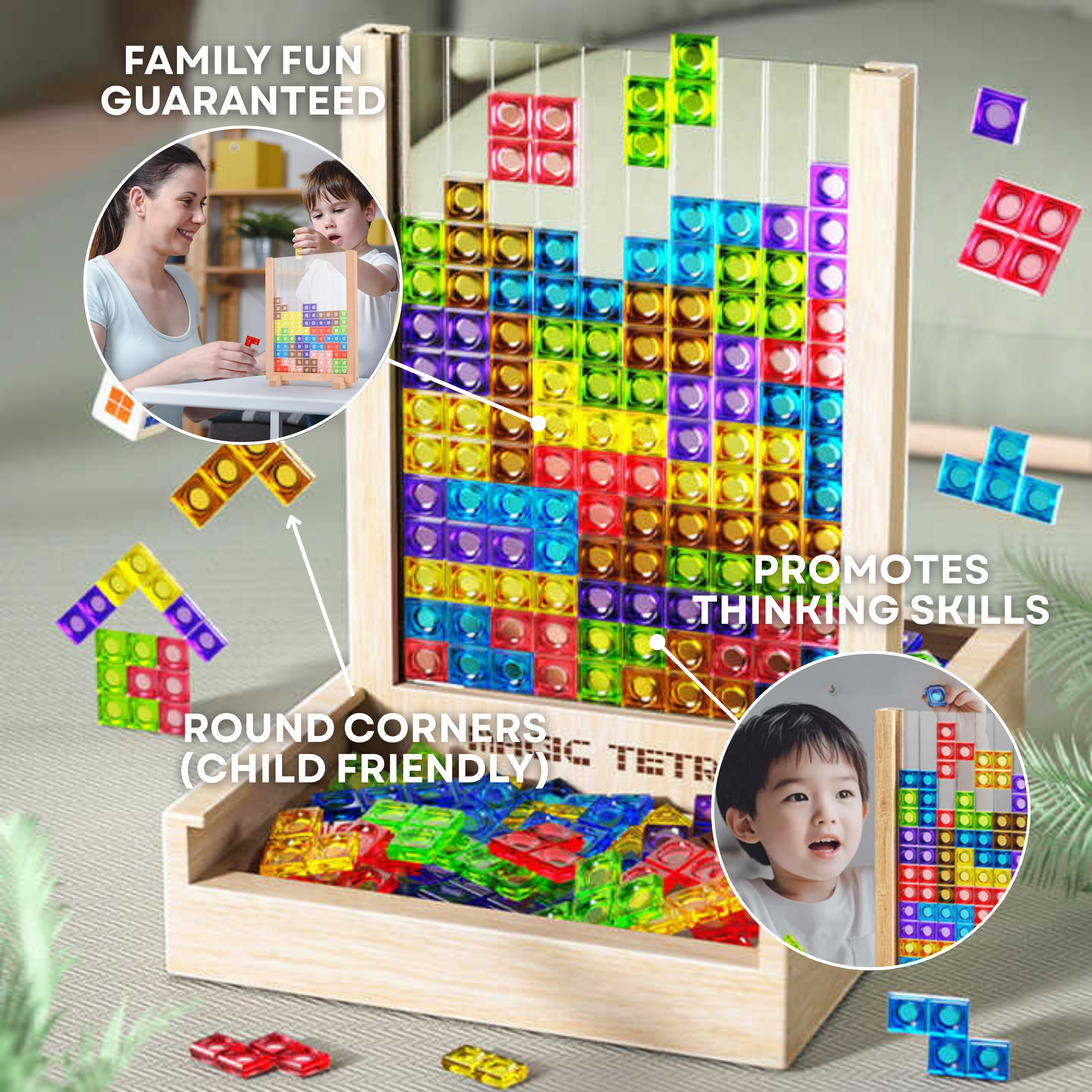 Jeu de puzzle Tetris en bois – Jeu de logique écologique pour enfants et adultes