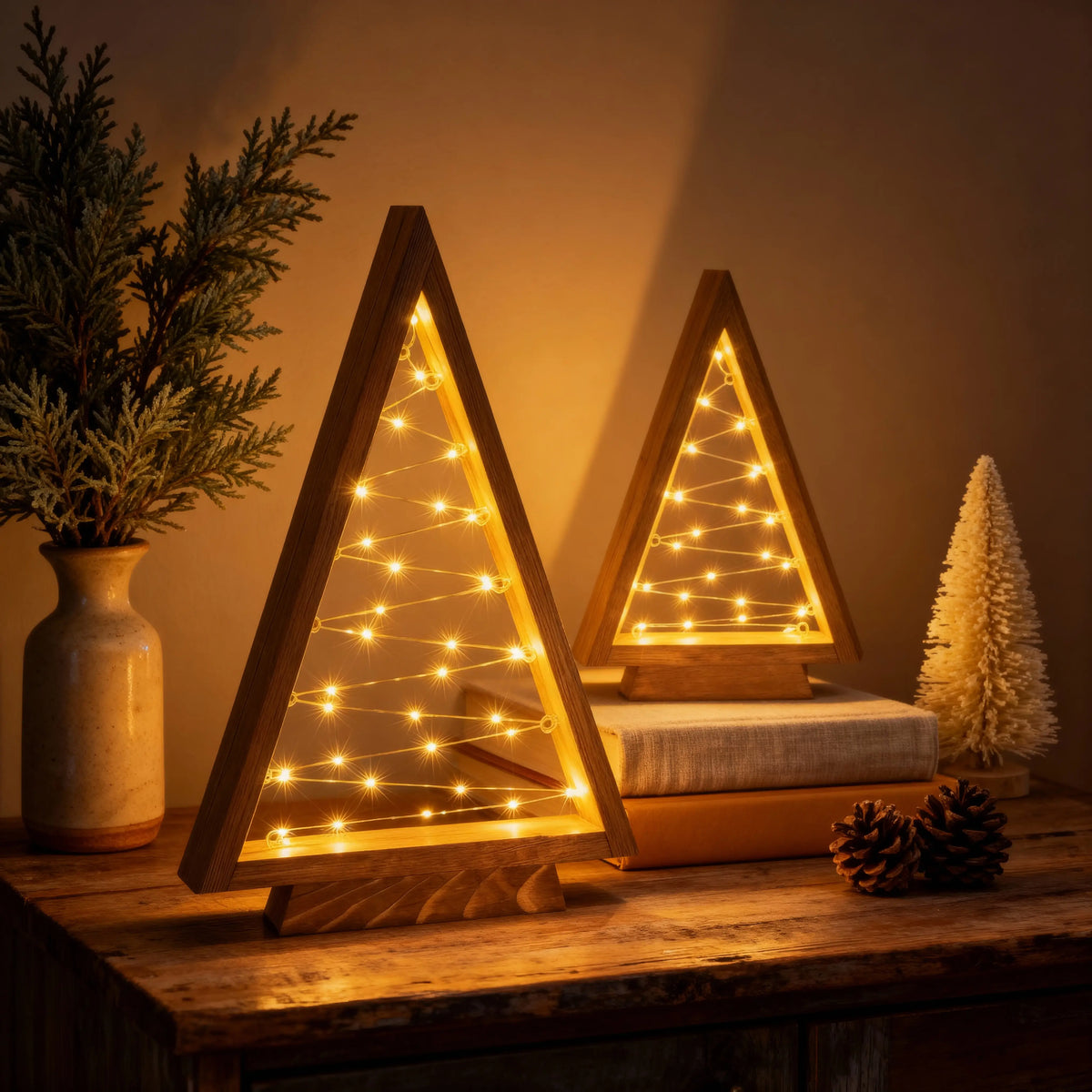 Wooden Triangle Christmas Trees – Lighted Tabletop Set With Star Fairy Lights