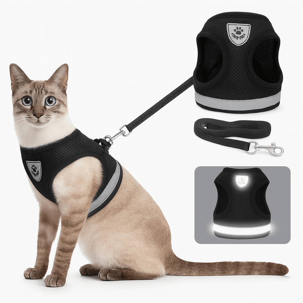 Verstelbaar, ademend en lichtgevend kattentuigje met riem 1