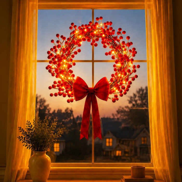 Lighted Holly Berry Wreath – Red Berries with Warm Fairy Lights for Door or Wall