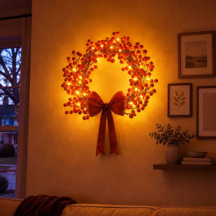 Lighted Holly Berry Wreath – Red Berries with Warm Fairy Lights for Door or Wall