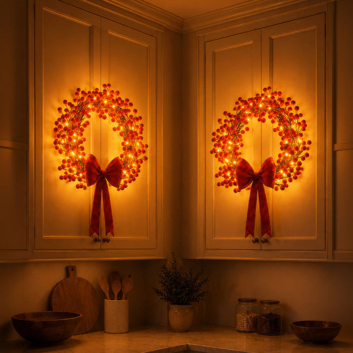 Lighted Holly Berry Wreath – Red Berries with Warm Fairy Lights for Door or Wall