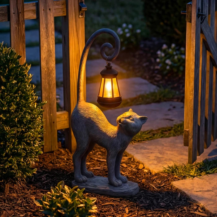 Cat Garden Statue With Solar Lantern – Outdoor Cat Figure That Glows at Night