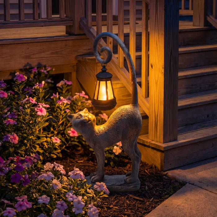 Cat Garden Statue With Solar Lantern – Outdoor Cat Figure That Glows at Night