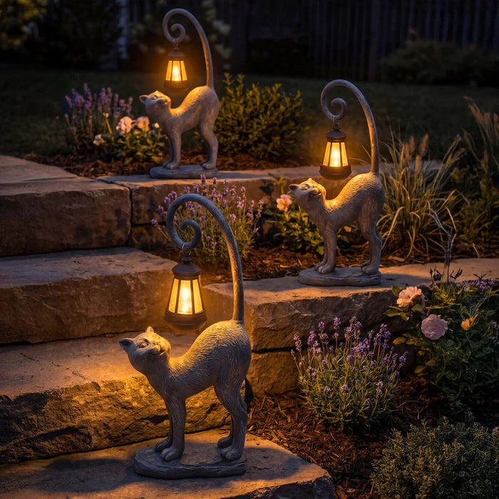 Cat Garden Statue With Solar Lantern – Outdoor Cat Figure That Glows at Night