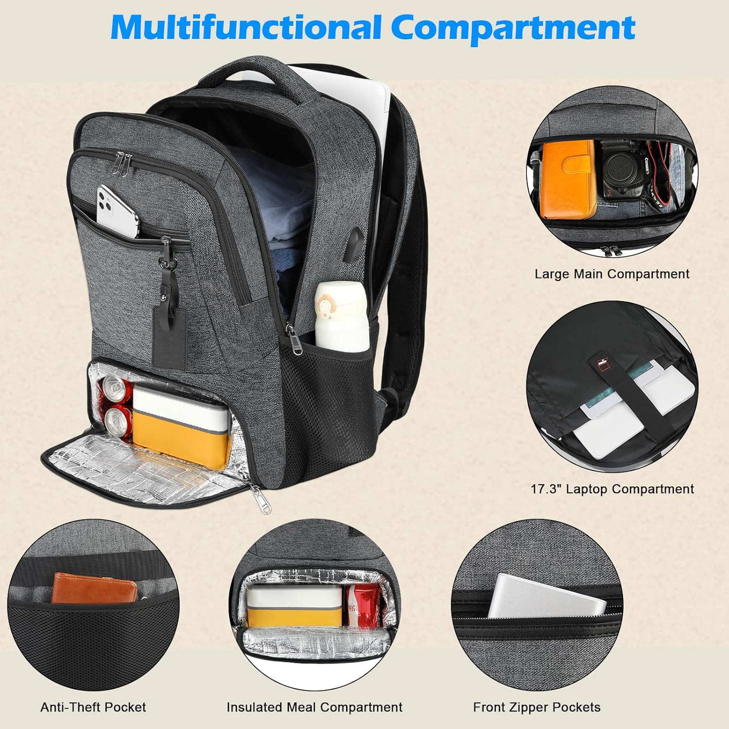 Waterproof Laptop & Lunch Backpack with USB Port – Multi-Compartment Travel Bag 2