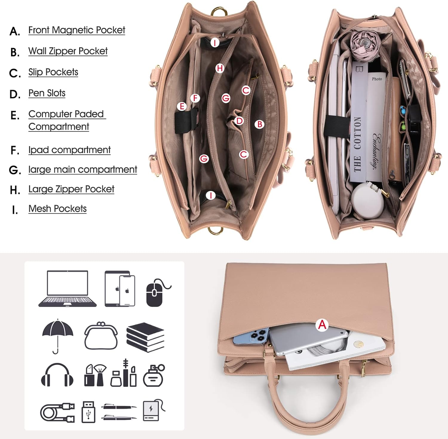 Waterproof PU Leather Laptop Tote Bag for Women, Multi-Pocket Design, Fits 15.6 Inch 10