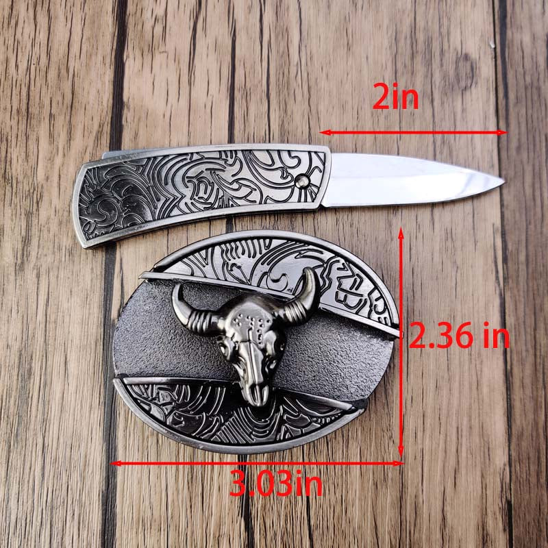 Wearclo | Oval Bull Skull Belt Buckle with Hidden Knife 2