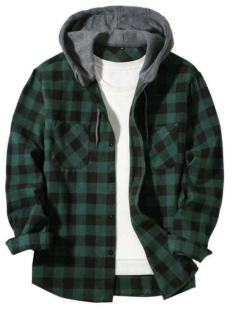 Hooded Flannel Shirt – Plaid Button-Front with Two Chest Pockets