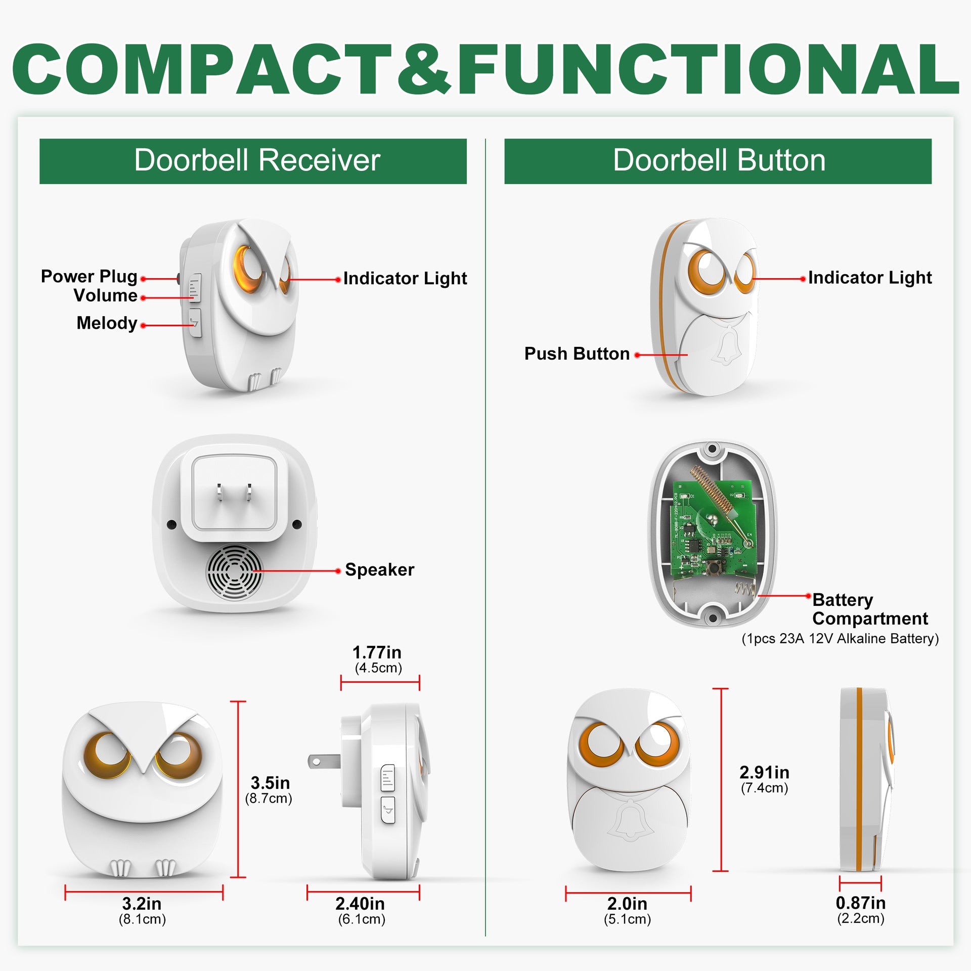Wireless Owl Doorbell | Waterproof Long-Range Music Door Bell, Battery Powered (Black & White) 5