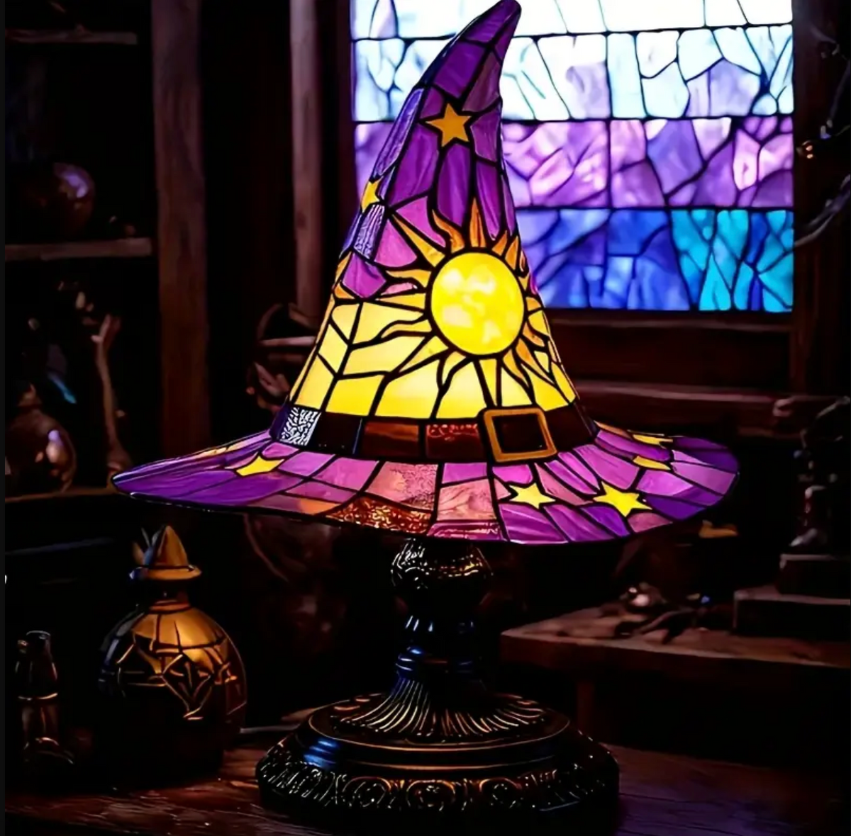Witch Hat Accent Lamp Tiffany Style Decorative Table Lamp With Star and Sun Design 0