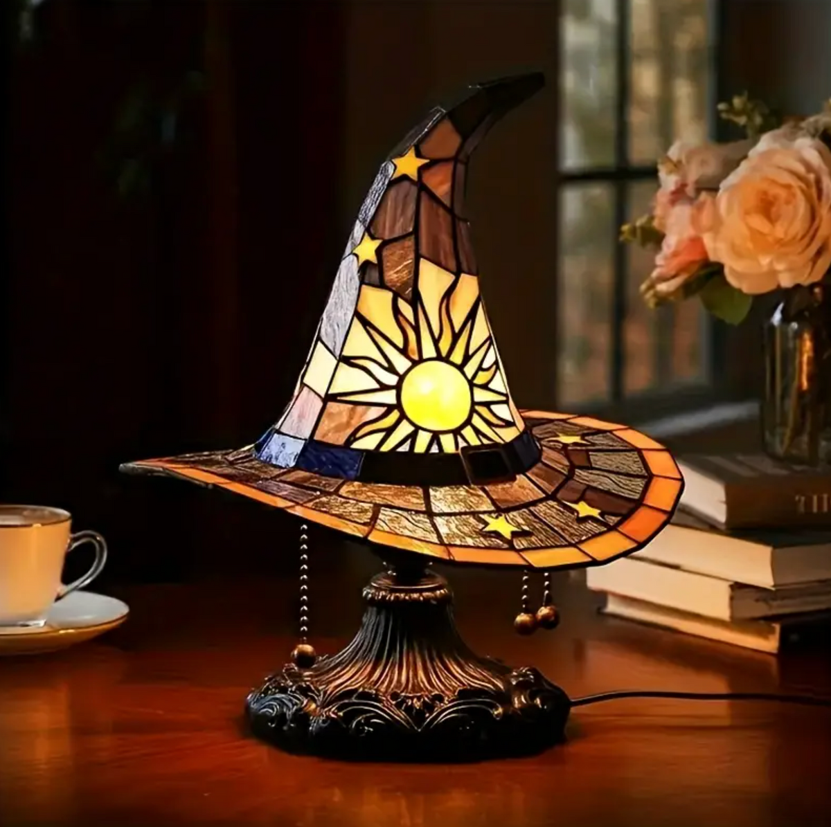 Witch Hat Accent Lamp Tiffany Style Decorative Table Lamp With Star and Sun Design 3
