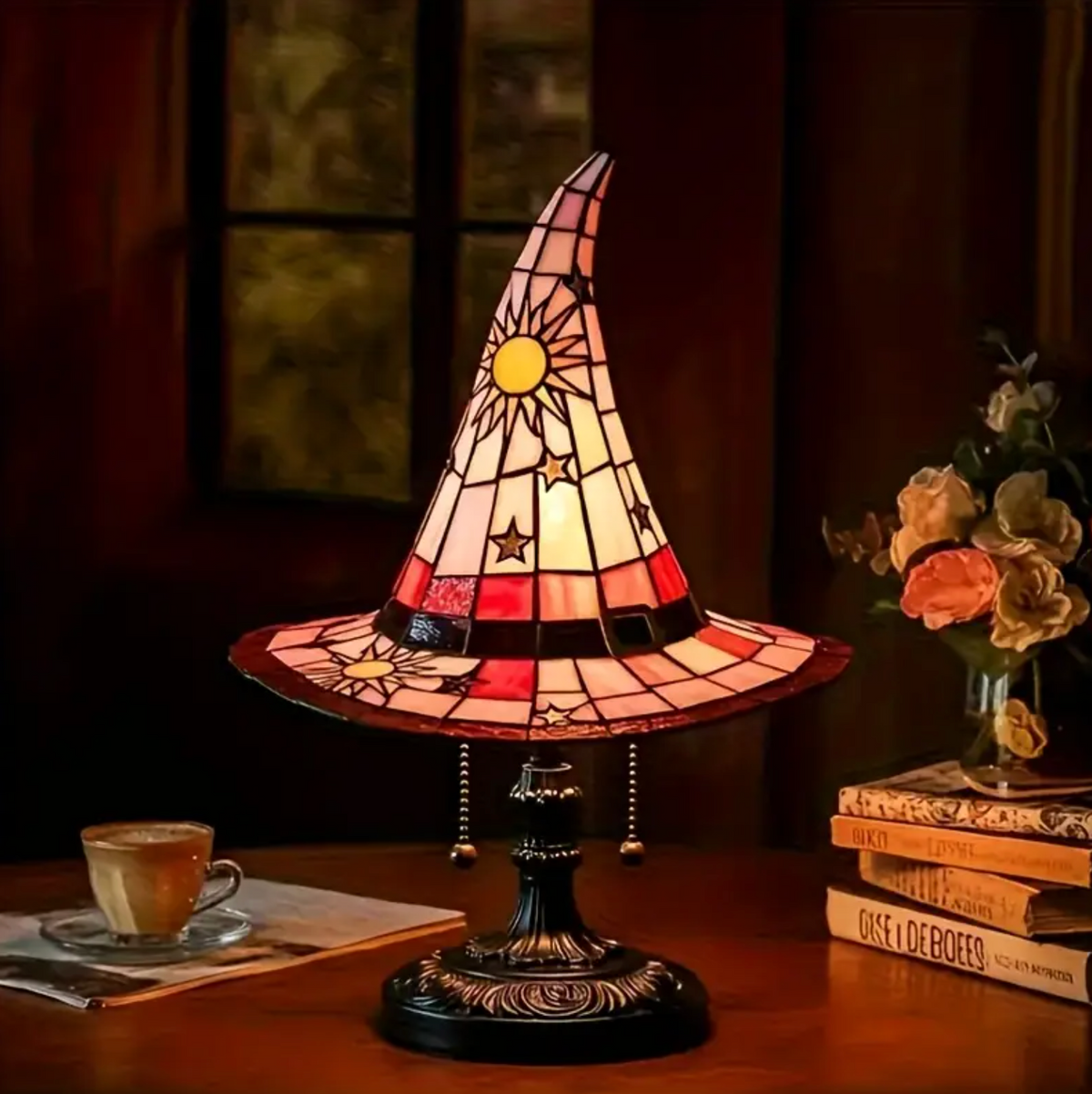 Witch Hat Accent Lamp Tiffany Style Decorative Table Lamp With Star and Sun Design 4