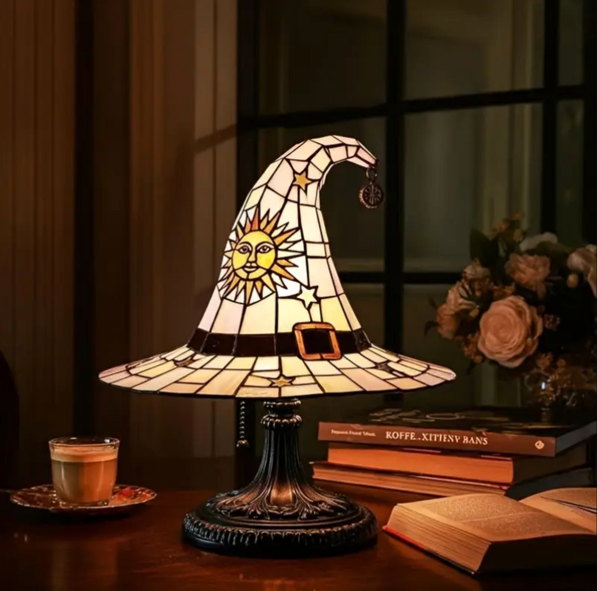 Witch Hat Accent Lamp Tiffany Style Decorative Table Lamp With Star and Sun Design 5