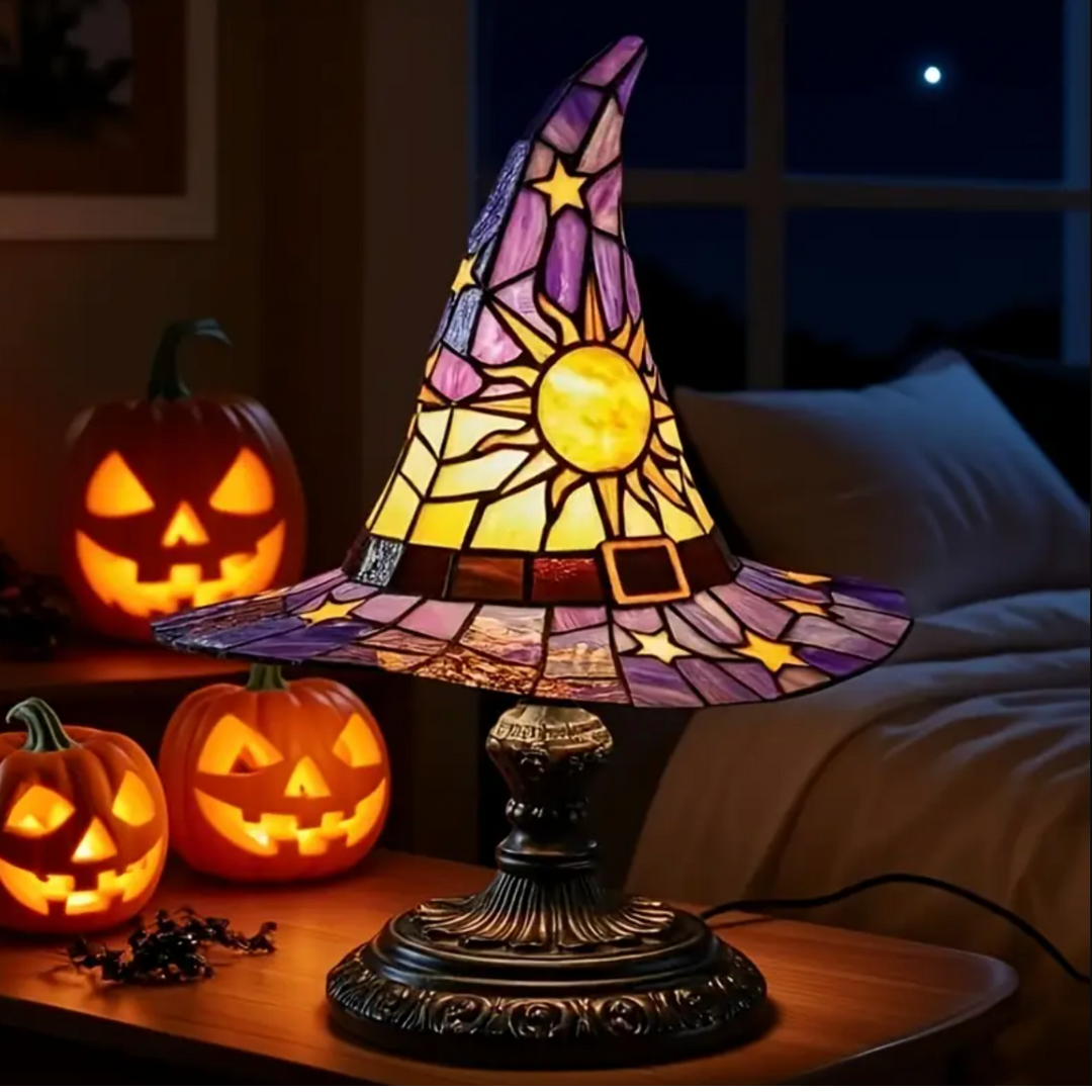 Witch Hat Accent Lamp Tiffany Style Decorative Table Lamp With Star and Sun Design 7