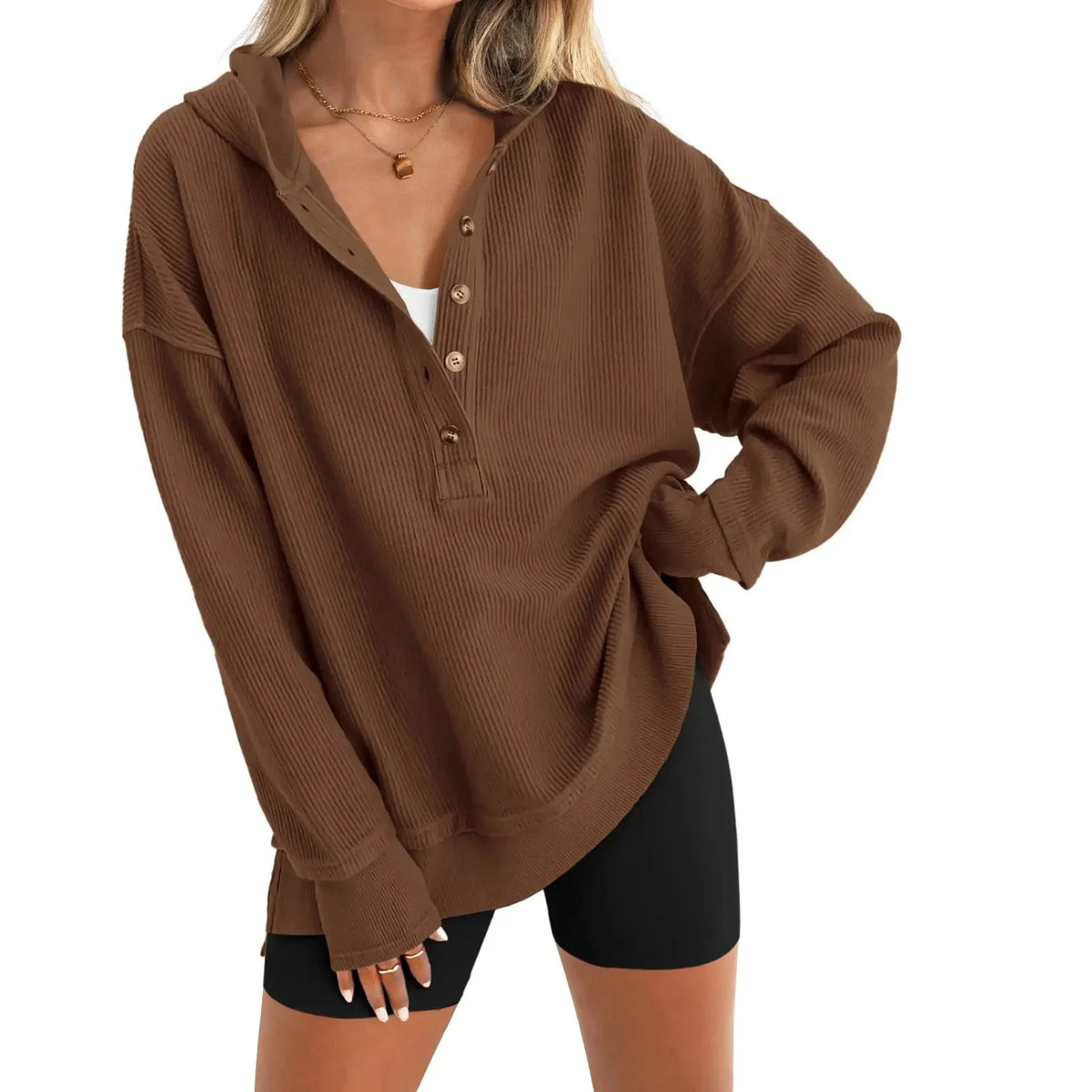 🎁Women’s Oversized V-Neck Hoodie – Relaxed Button Pullover with Side Slits 12