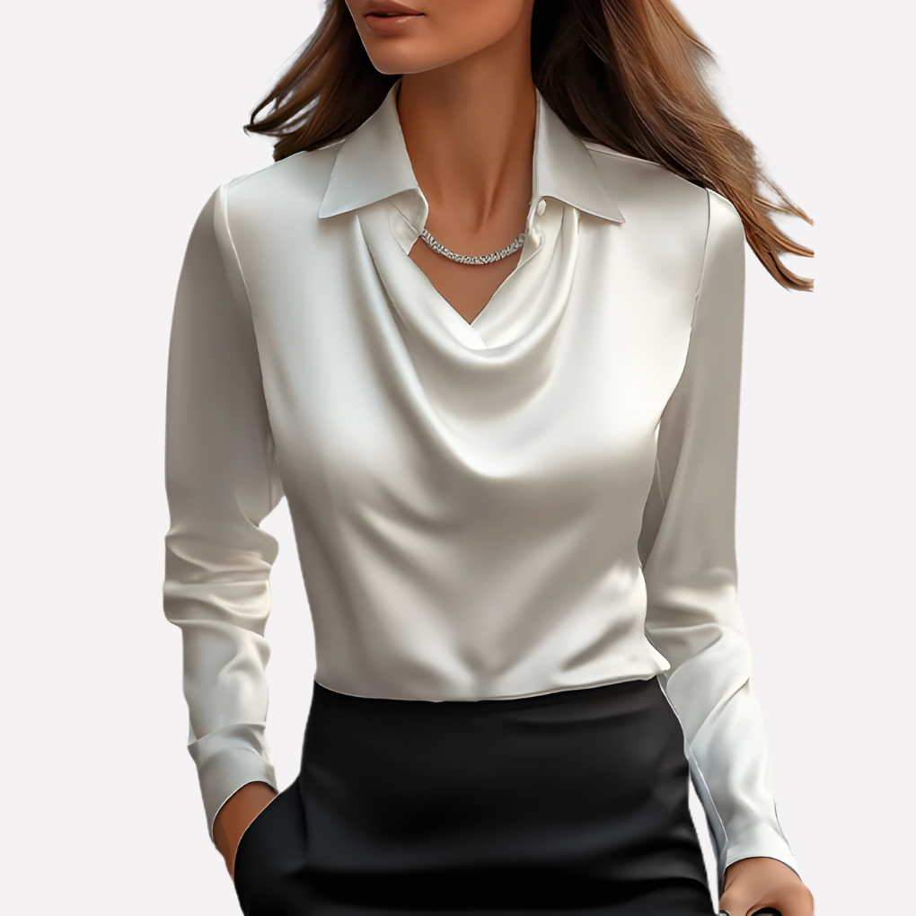 Women's Satin Blouse with Elegant Draped Neck and Long Sleeves 0
