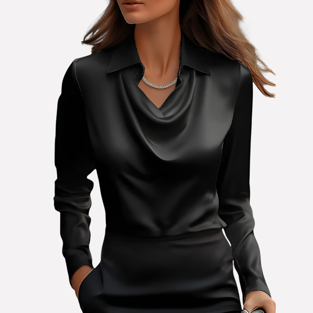Women's Satin Blouse with Elegant Draped Neck and Long Sleeves 1