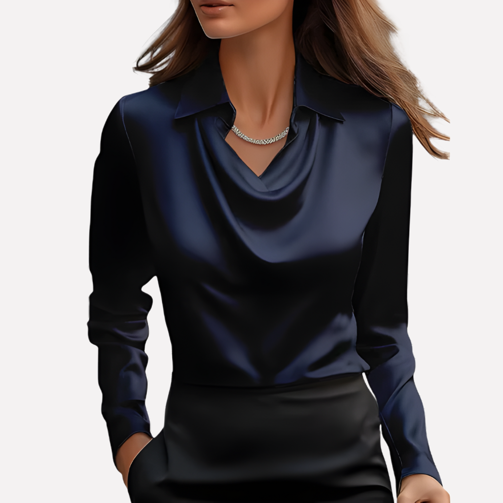 Women's Satin Blouse with Elegant Draped Neck and Long Sleeves 2