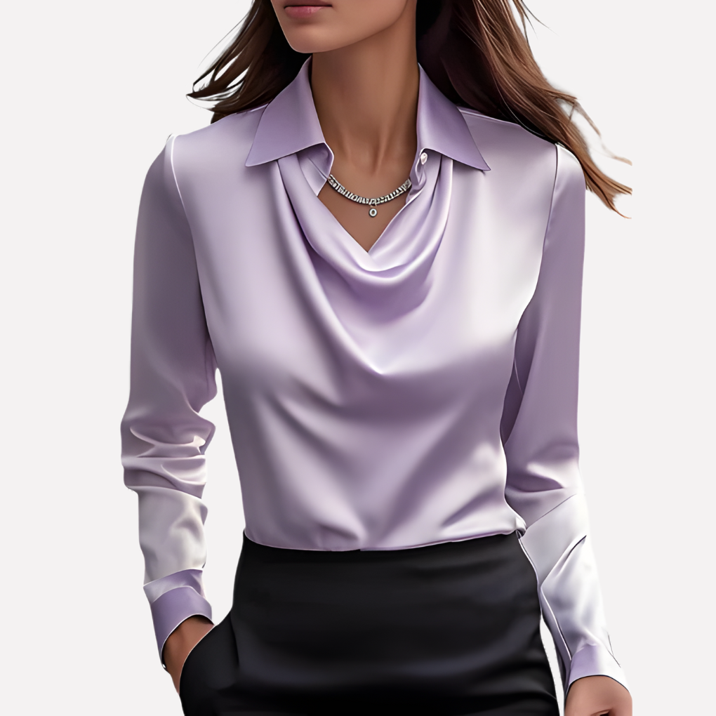 Women's Satin Blouse with Elegant Draped Neck and Long Sleeves 6