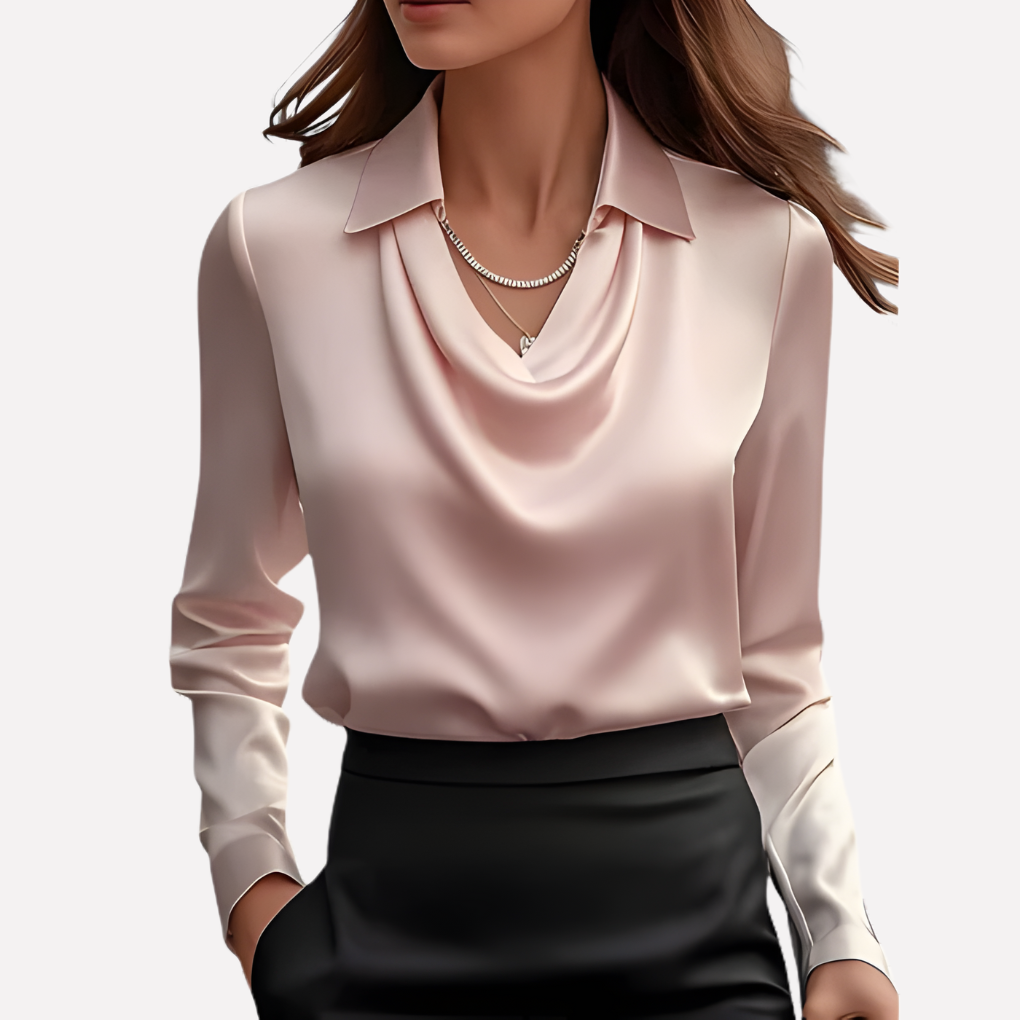 Women's Satin Blouse with Elegant Draped Neck and Long Sleeves 8