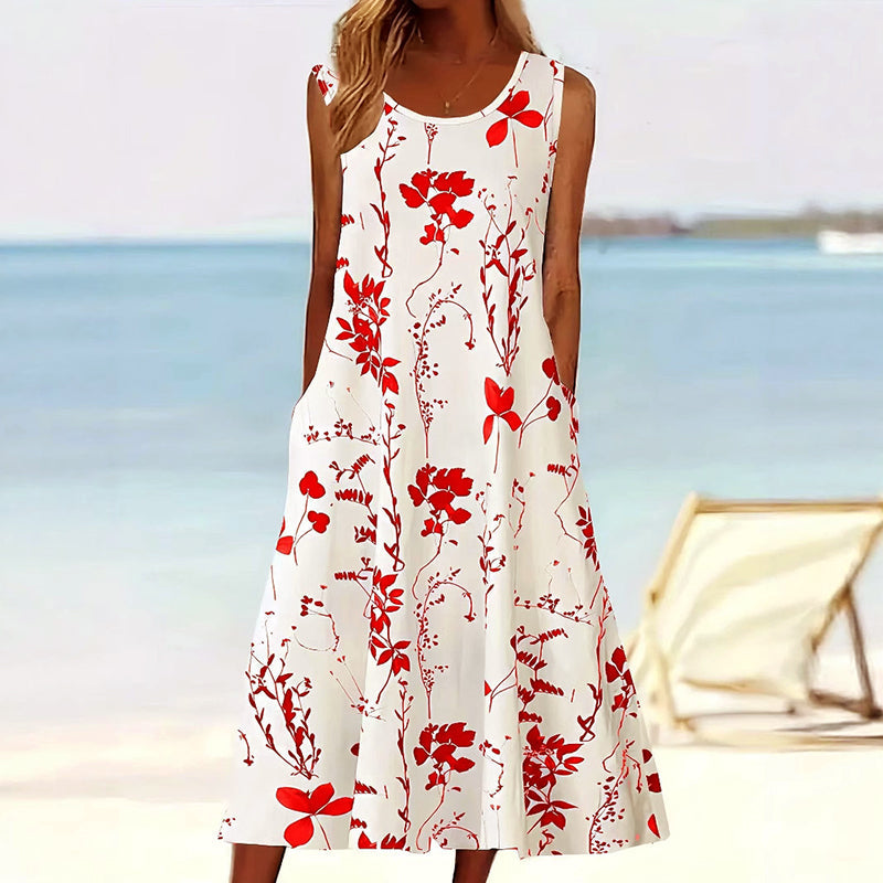Women's Sleeveless Floral A-Line Midi Dress with Pockets for Summer 1