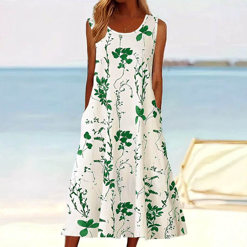 Women's Sleeveless Floral A-Line Midi Dress with Pockets for Summer 2