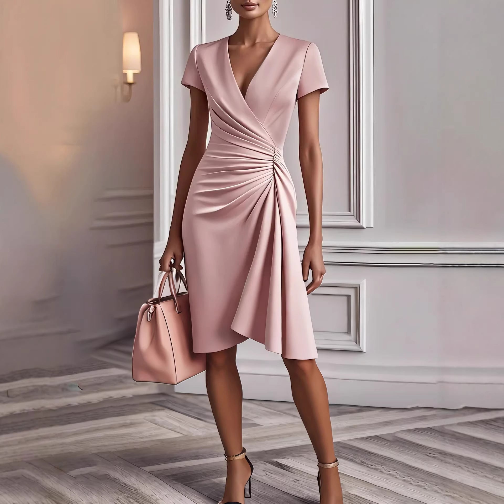 Women's Summer Midi Dress with V-Neckline, Draping, and Short Sleeves 3