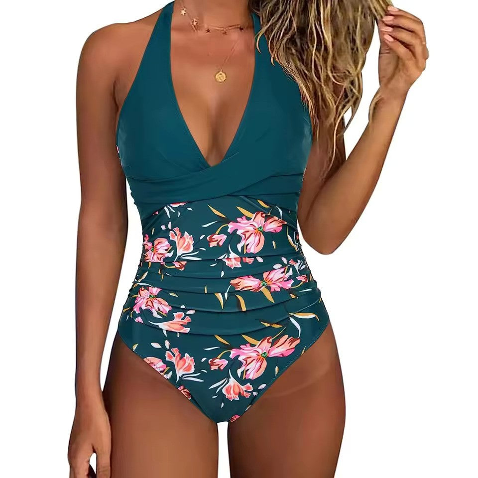 Women's Tropical Print Halterneck One Piece Swimsuit - Comfortable Swimwear 12