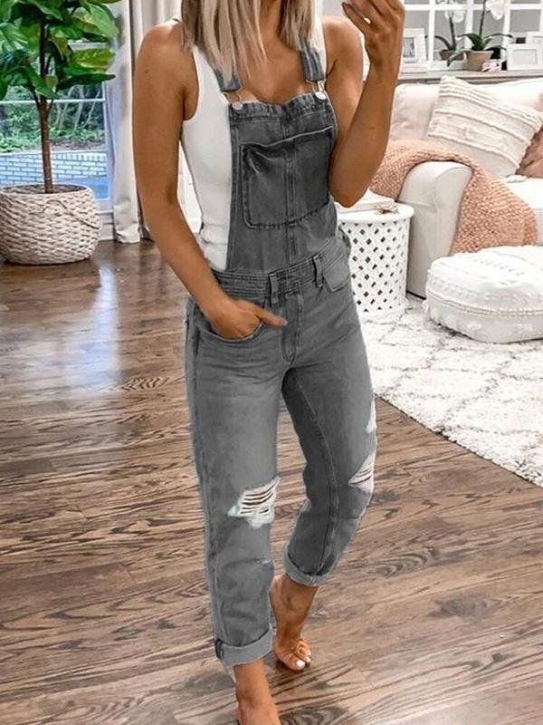 Womens Relaxed Fit Ripped Denim Overalls 0