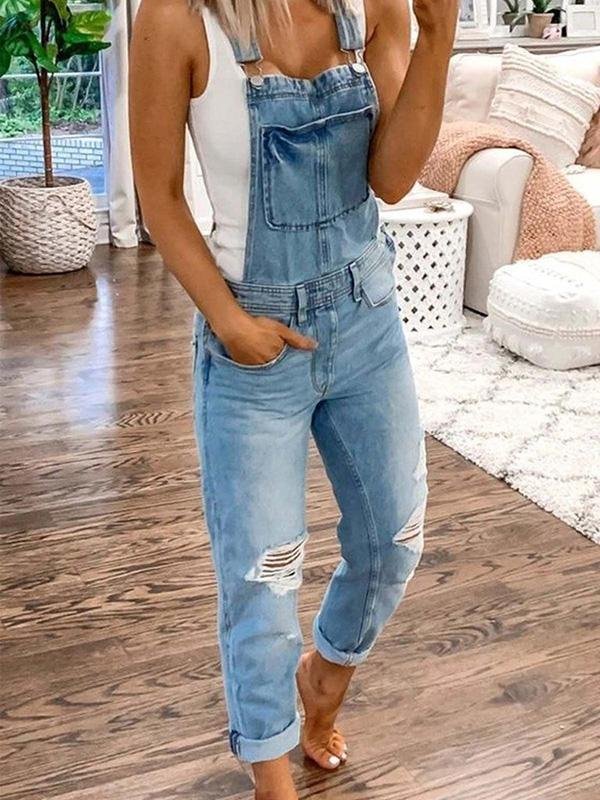 Womens Relaxed Fit Ripped Denim Overalls 2