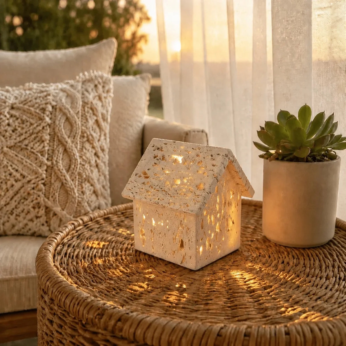 Wrenn Wabi Sabi Travertine House Shaped Table Lamp 1