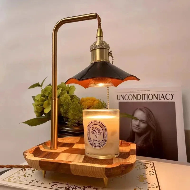 Zen Candle Warmer Lamp - Elegant Table Lamp with Wood and Brass, Warm Ambient Light 3