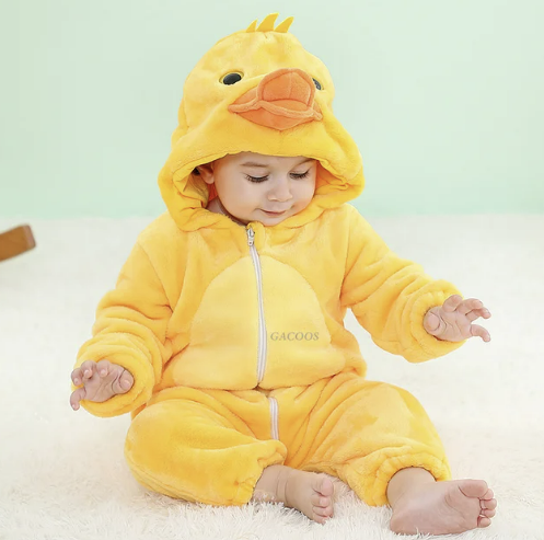 Baby Romper – Soft Flannel Hooded One-Piece with Playful Animal Design