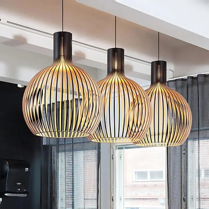 Wooden Pendant Lamp – Scandinavian Open Design with Warm Ambient E27 Lighting
