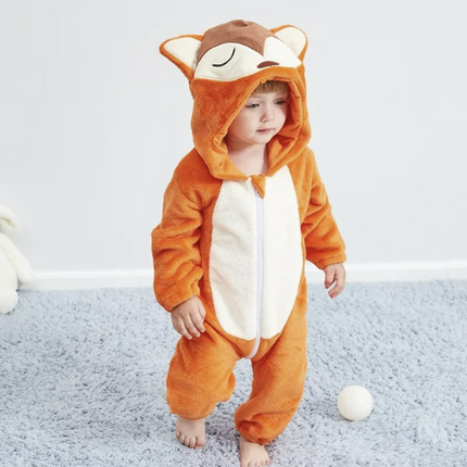Baby Romper – Soft Flannel Hooded One-Piece with Playful Animal Design