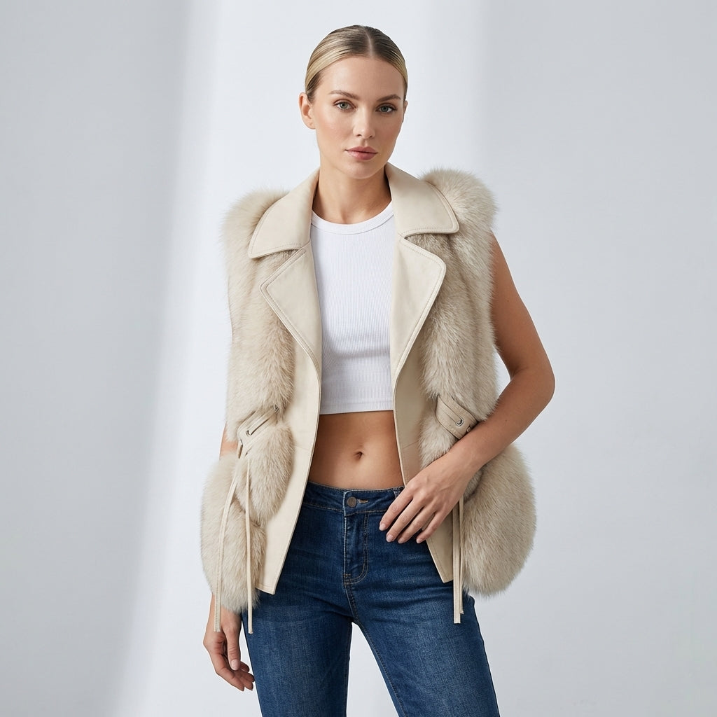Faux Fur Vest – Elegant Winter Gilet with Oversized Collar and Waist Ties