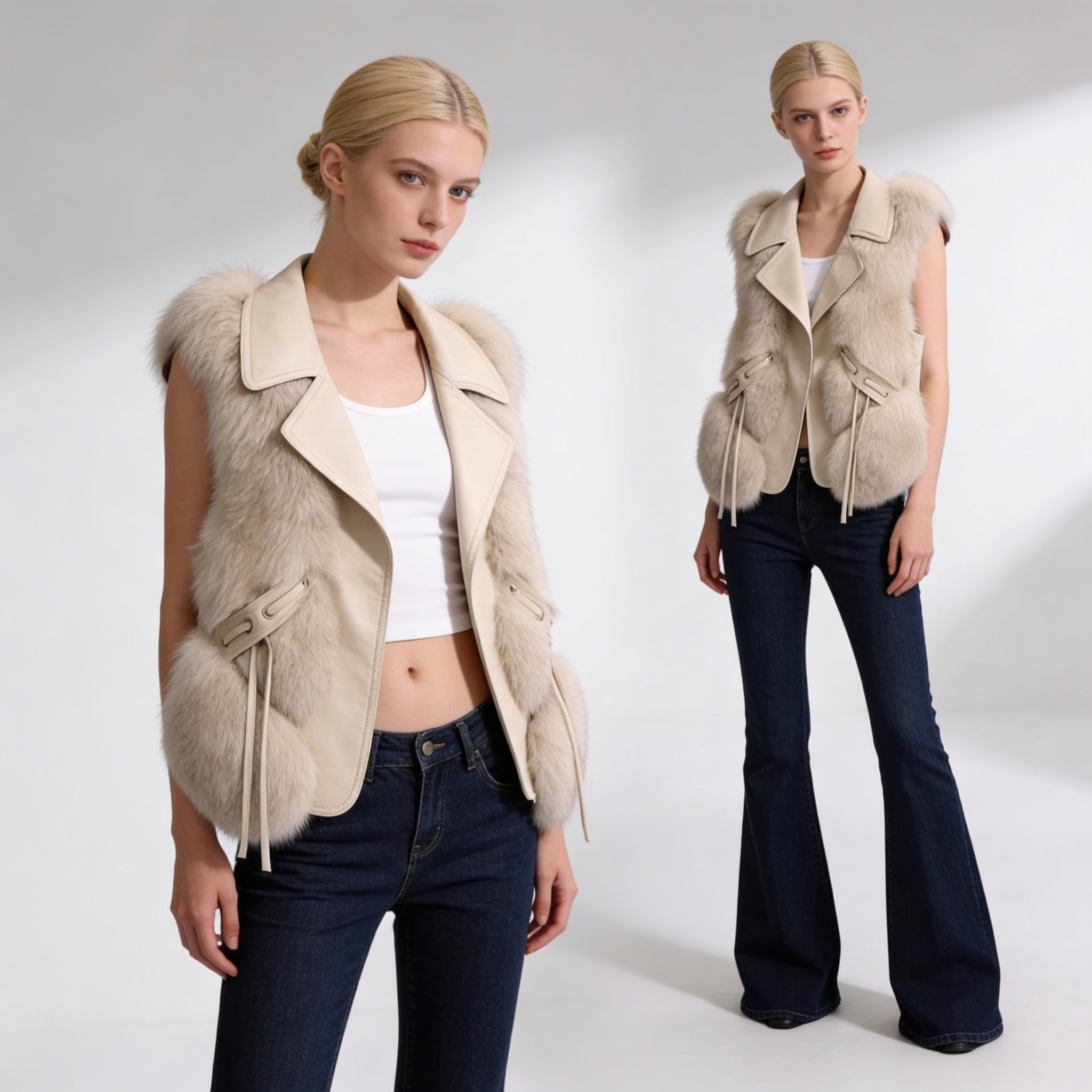 Faux Fur Vest – Elegant Winter Gilet with Oversized Collar and Waist Ties