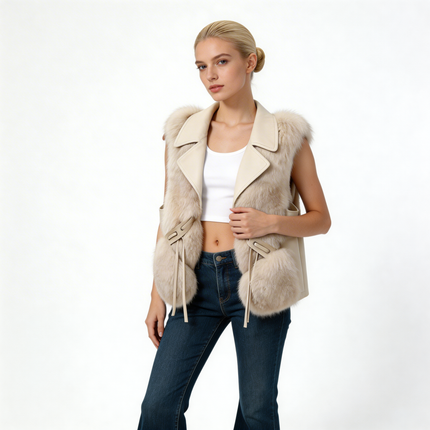 Faux Fur Vest – Elegant Winter Gilet with Oversized Collar and Waist Ties